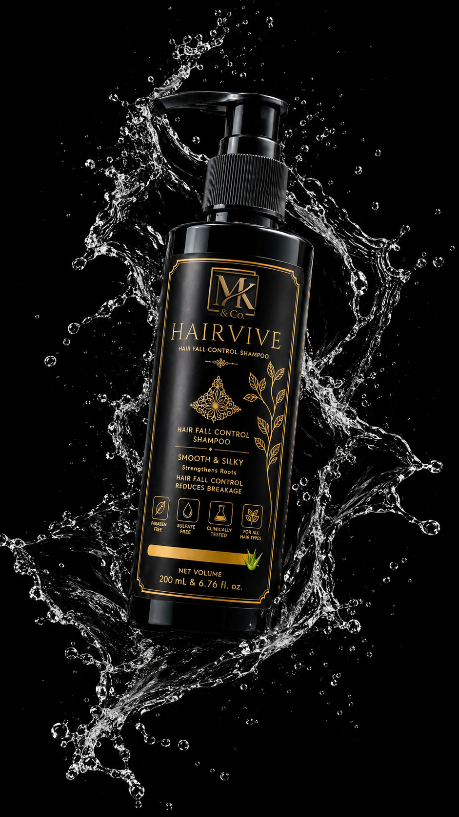 Hairvive bottle reflected on polished black